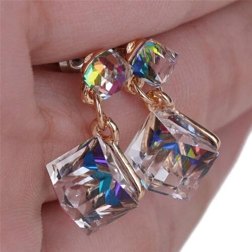 Women Girls Bijou Statement Jewelry Double Crystal Cube Earring Women Fashion Earrings Sweet Stud Colourful For Beauty