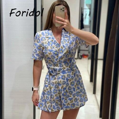 Chic Purple Daisy Floral Print Romper Women Spring Autumn Playsuit with Belt Beach Holiday Retro Rompers Playsuits Vintage