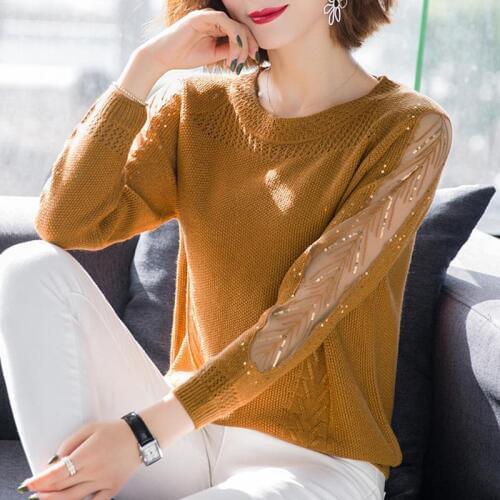 Hollow Mesh Gauze Thin Knitted Sweater Female Round Neck Loose Long Sleeve Fashion Long Sleeve Jumpers Women 2021 Summer Cool