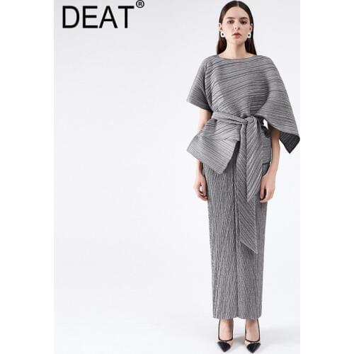 DEAT 2021 Pleated Dress Womens Two Piece Sling High Waist Lacing Elegant Ankel Length Banquet Formal New Summer Fashion AM076