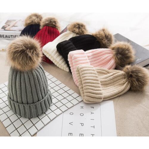 Winter hats for women Pompom Winter Hat Women Imitation raccoon Fur Big pompom Knitted winter cap warm Beanies for Girls B05