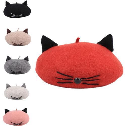 2019 Autumn Winter Wool Beret Hats For Women Cute Cat Beard Berets Cap With Ears Boinas Para Mujer
