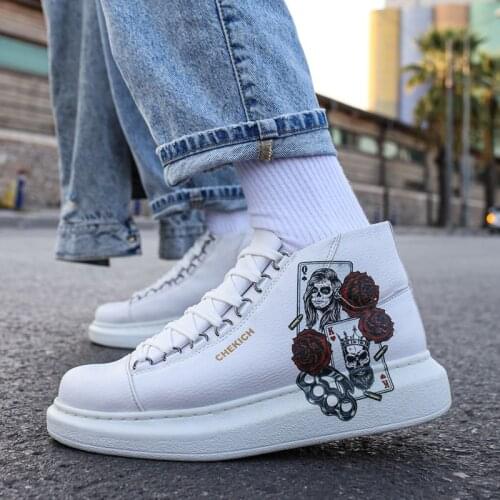 Chekich Women Boots White Color Red Rose Pattern Faux Leather 36-45 Size Lace Up High Top Unisex Shoes Men Comfortable Poker Cards Casual Sneakers Trend Odorless Sport Lightweight Breathable Street Flat CH263 Women V2