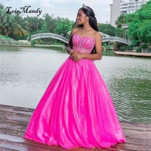 Fuchsia Tulle Quinceanera Dresses Long 2022 Formal A-line Sweet 16 Dress For Women Shining Beading Crystal Vestidos de 15 anos