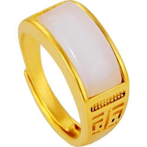 FYSL Light Yellow Gold Color Geometric Shape White and Green Agates Resizable Finger Ring Trendy Jewelry