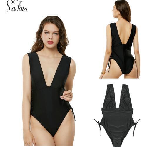 LaFata Womens Surplice Neckline High Waisted Halter One Piece Monokini Swimsuit