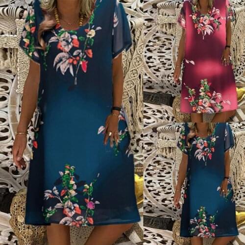 Midi Dress Printing Round Neck Loose Summer Short Sleeve Dress for Date