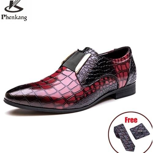 Phenkang Men Genuine Leather Crocodile Pattern Shoes Formal Dress Classic Pointed Glossy Mens Wedding Elastic Band Oxford Shoes