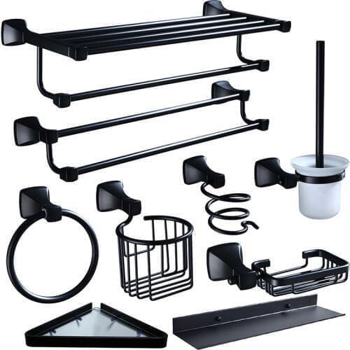 Bathroom Accessories Set Black Aluminum Towel Rack Paper Holder Corner Shelf Toilet Brush holder Robe Hook Bathroom Hardware Set