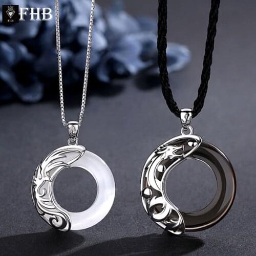 925 sterling silver couple necklace dragon phoenix antique pendant necklace Chinese obsidian opal men women clavicle chain