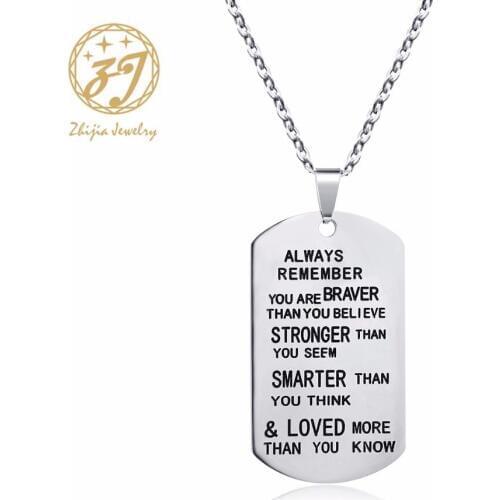 Stainless steel Dog tag pendant necklace letter "Always Remember You Are Braver ... " Pendant Necklace Inspirational Gifts