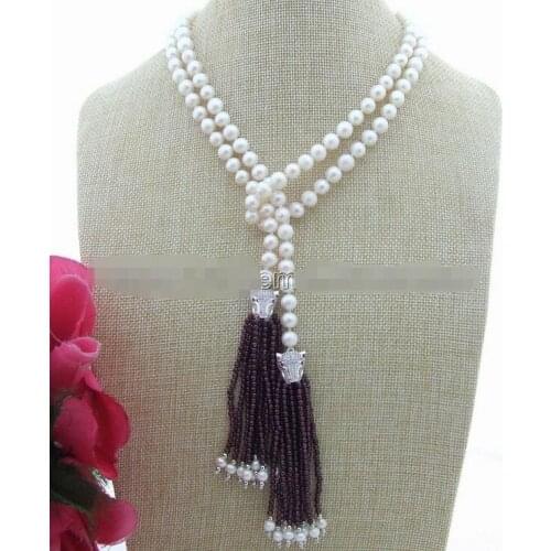 40" 8 mm White Pearl red Garnet Pendant Necklace