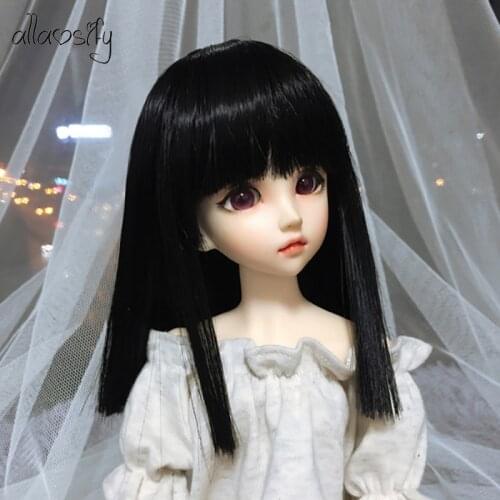 Allaosify Bjd Wig 1/3 1/4 1/6 1/8 1/12 Black Gray Neat Bangs Mid-Length Dolls Hair