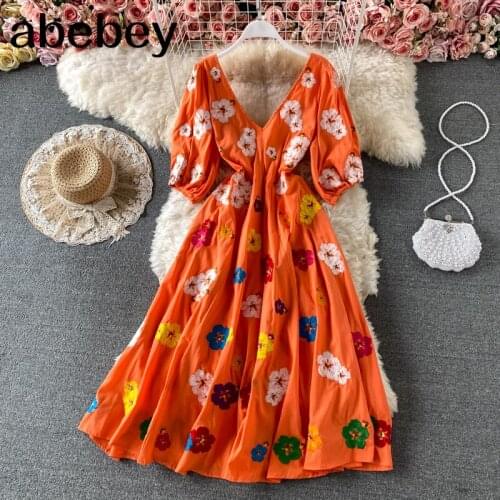 Women French Floral Dress Retro Puff Sleeve v Neck Blackless A-line Dresses Summer Bohemian Casual Vacation Print Dress