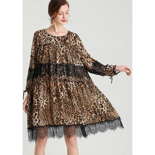 Plus Size Womens Chiffon Dress Spring Fashion A-Line Long Sleeve Lace Patchwork Dresses Leopard Print Round Neck Elegant Dresses