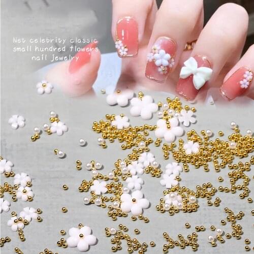 2021 New Style Nail Art Small White Flower Nail Decoration Japanese Style Mixed Body Resin Five Petal Flower Steel Ball Nail Art