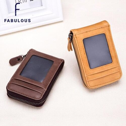 2021 Vintage Pure Color Leather RFID Blocking Mini Pocking Wallet Card Holder With ID Window Short Wallet Chains Unisex Purse