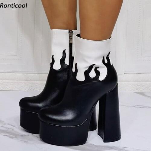 Ronticool Handmade Women Winter Platform Ankle Boots Flame Style Block Heel Round Toe Pretty Black Party Shoes Plus US Size 5-15