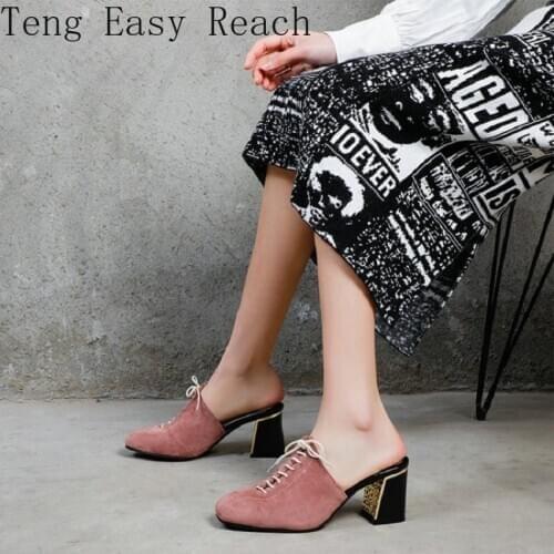 2021 Summer Yellow Chunky High Heels Slides Summer Womans Shoes Plus Size 34-45 Cross-Tied Women Sandals Mules Sheos Women