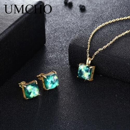 UMCHO Real 925 Sterling Silver Nano Opal Jewelry Sets Stud Earrings Necklace Elegant Birthday Gift For Women Party Fine Jewelry