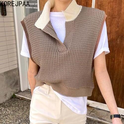 Korejpaa Women Vest 2021 Autumn Korea Cool Temperament Ladies Stand Collar Color Matching Woven Loose Sleeveless Knitted Sweater