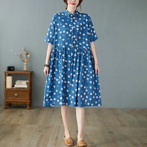 Oversized Women Cotton Linen Shirt Dress New 2021 Simple Style Polka Dots Print Loose Female Knee-length Casual Dresses B744
