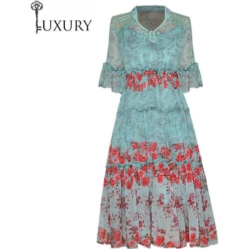 2020 Top Quality New Summer Women V-Neck Red Floral Print Lace Patchwork Flare Sleeve Large Swing Casual Vintage Dress