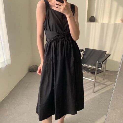 2021 New summer sleeveless tank dress solid color midi dress women round neck knot waist chic vestidos korean fashion 2020
