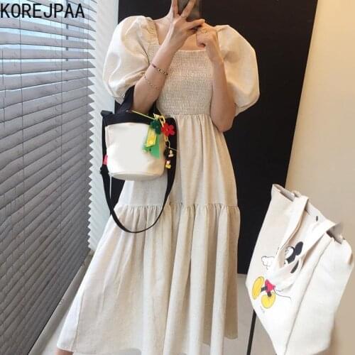 Korejpaa Women Dress 2021 Summer Korean Chic Simple Elegant Temperament Square Collar Fold Design Waist Puff Sleeve Long Dresses