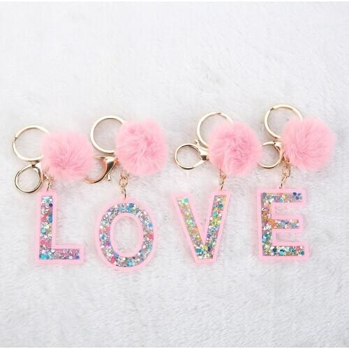 1PC Keyring English Letter Sequins Acrylic Keychain with Puffer Ball 26 English word A TO Z Handbag Charms for Woman