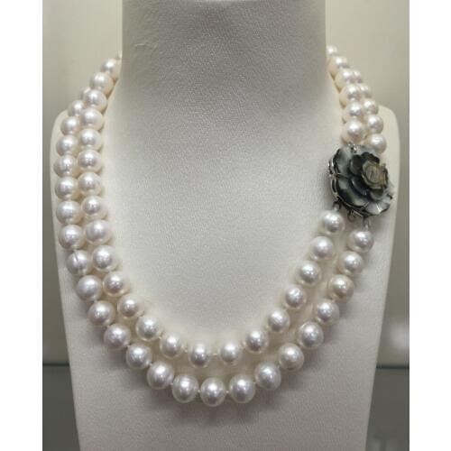 2 row 8-9MM AKOYA REAL WHITE PEARL NECKLACE FLOWER Clasp Free shipping