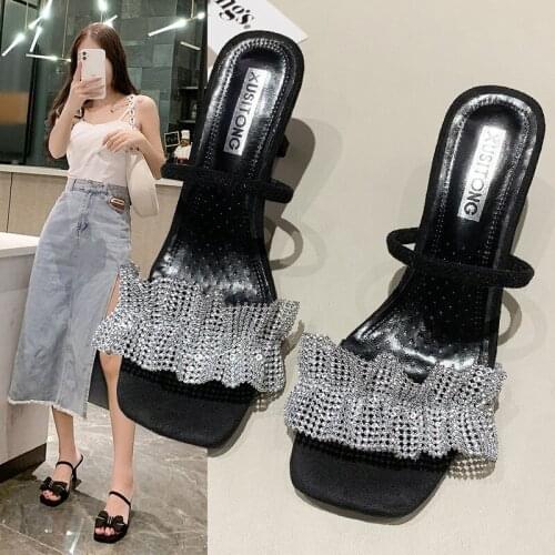 2021 New Summer Womens Sandals Soft Light Slippers Womens High-heeled Shoes Fashion Square Head Womens High-heeled Slippers