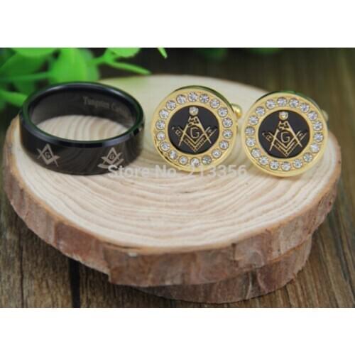 Free Shipping!USA Hot Sales MENS LUXURY JEWELRY SET 8MM BLACK BEVEL PAST MASTER TUNGSTEN RING&GOLDEN STEEL MASONIC CUFFLINKS