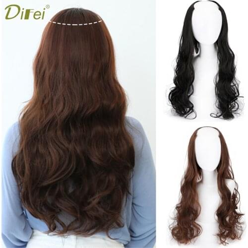 DIFEI Synthetic U Clip In One Piece Hair Extension Long Wavy Half Wig Hair Extension Natural Brown Hair Piece For Women Use