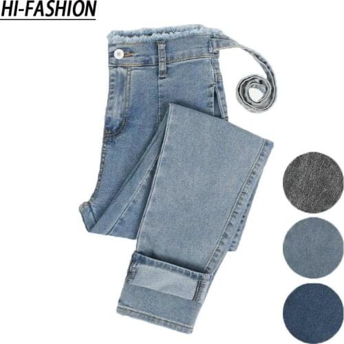 High Waist Jeans For Women Slim Stretch Denim Jean Bodycon Tassel Belt Skinny Push Up Jeans Woman