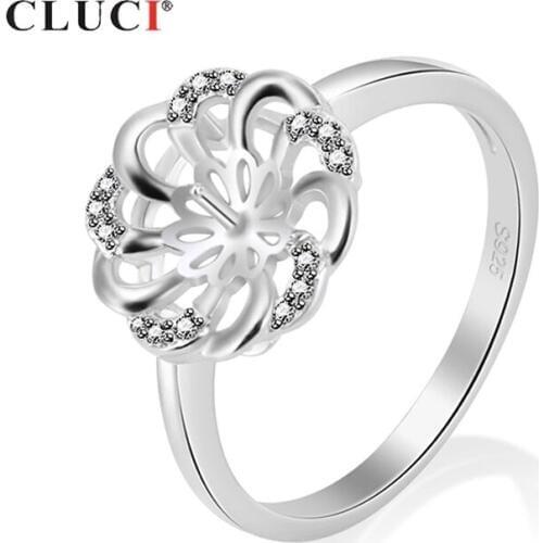 CLUCI Silver 925 Zircon Flower Rings for Women Engagement Jewelry Pearl Ring Mounting 925 Sterling Silver Flower Rings SR1064SB