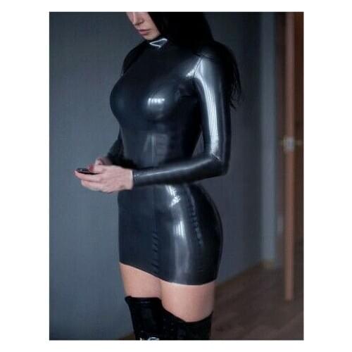 Latex Rubber Bodycon Mini Dress long sleeve Back zip