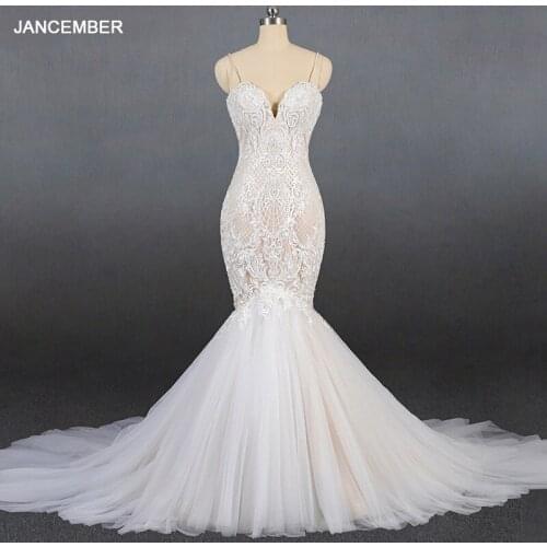 LSDZ32 JANCEMBER Sexy V-Neck Cheap Mermaid White Wedding Dress 2020 Spaghetti Straps With Sleeveless Lace Up Back