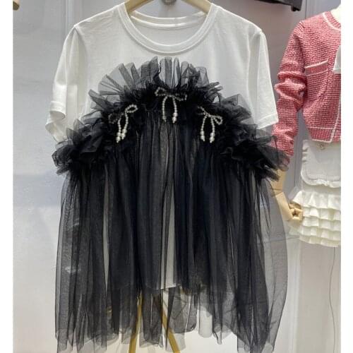 Fashion Tee Shirts New Black Mesh Stitching Pearl Bow Beaded Short Sleeve All-Match White T-Shirt Girls Ladies Loose Top