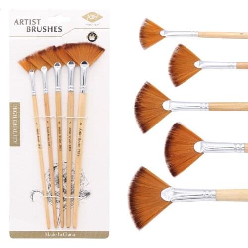 5Pcs Fan Shaped Nylon Hair Gouache Watercolor Paint Brush Set For School Painting Drawing Painting Crude Wood Brush Art Supplies