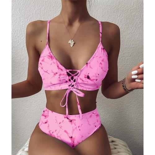 New High waist Bikinis 2020 Mujer Retro swimsuit women Lace up swimwear women Bathers Push up biquini bathing suit 2 pieces XL