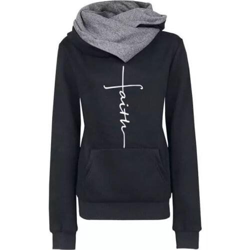 Autumn Winter Hoodies Sweatshirts Women Faith Embroidered Sweatshirts Long Sleeve Pullovers Christmas Casual Warm Hooded Tops