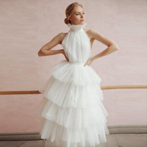 Sexy Solid Color Women Dress Halter Tulle Ruffle Layered Summer Dress A-line Tea Length Backless Dresses Custom Made Plus Size