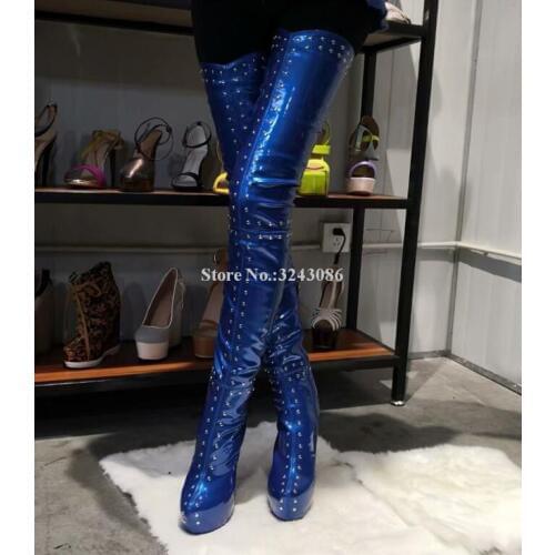 Women Blue Patent Leather Rivets Thigh High Boots Fashion Platform Stiletto Heel Studs Over the Knee Long Boots Lady Real Photos