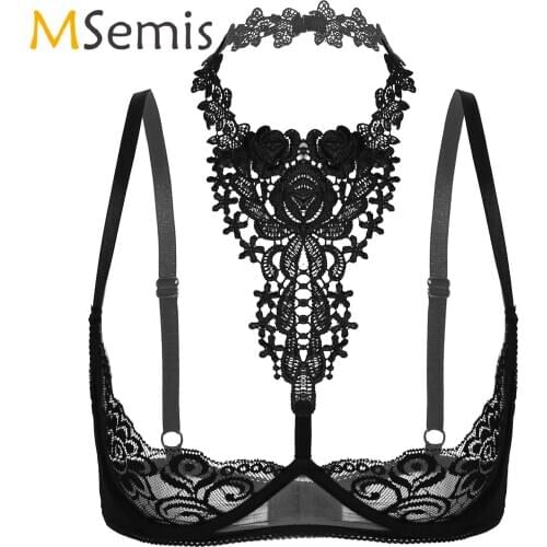 Sexy Womens Halter Bare Breast Bra Underwear Erotic Lingerie See-through Floral Lace Underwired Unlined Bra Tops for Honeymoon