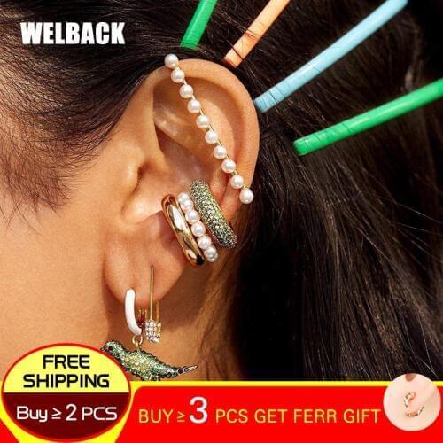 WELBACK Women Pearl Ear Cuff Earrings Bohemian C Shaped Ear Clip Circle Stackable Small Clip Earring Wedding Party Jewelry Gift