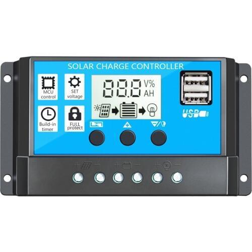 60A/50A/40A/30A/20A/10A 12V 24V Auto Solar Charge Controller PWM Controllers LCD Dual USB 5V Output Solar Panel PV Regulator