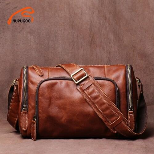 Vintage Mens Crossbody Bag Genuine Leather Casual Shoulder High Capacity Trend Messenger Zipper Bag For 10.5 Inch iPad NUPUGOO