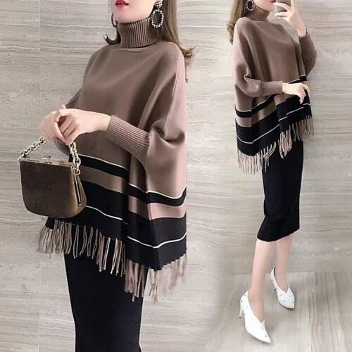 Knitted Pullover Women Poncho Autumn Winter Plus Size Loose Tassel Shawl Cloak Stripe Tops New Bat Black Turtleneck Sweater Cape