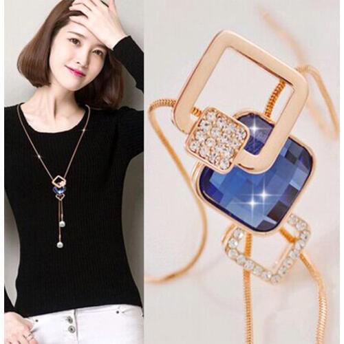 Statement Necklace Fashion Women Vintage Plated gold Chain Czech drilling Cube Sweater Long Necklaces & Pendants Jewelry Bijoux